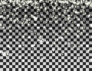 Falling snowflakes on transparent background. Christmas snowfall vector template