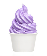 Soft whipped ice cream or frozen yogurt in white blank takeaway paper cup isolated on white background