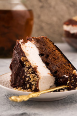 Piece of chocolate cake on a plate. Brown and white layer. Dessert spoon. Vertical. Light background.
