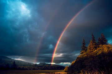 A rainbow coming down from stormy skies over the vast forests in the mountains of western...