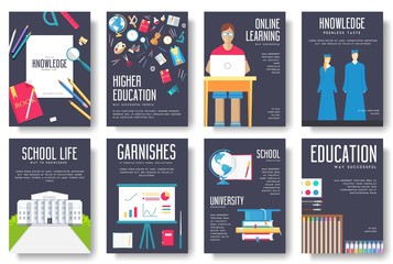 Back to school information cards set. Student template of flyear, magazines, posters, book cover, banners. College education infographic concept background. Layout illustrations modern pages 