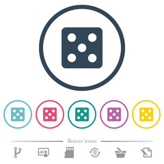 Dice five flat color icons in round outlines