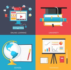 Education distance, online and academic school variations concept backgrounds in retro flat style design. Vector web and mobile application illustrations