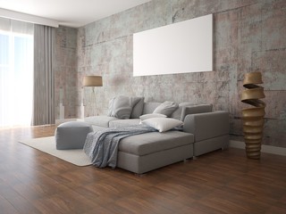 Mock up modern living room with a trendy corner sofa and creative hipster backdrop.