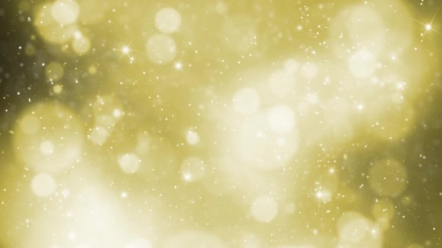 Beautiful artistic shiny golden circle bokeh with snowflakes background. 