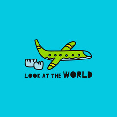 Travel card concept with plane and text 'look at the world' Doodle style