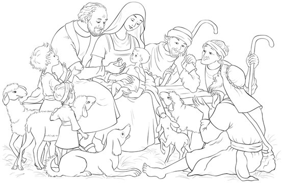 Christmas Nativity Scene with Holy Family (baby Jesus, Mary, Joseph) and shepherds Coloring Page