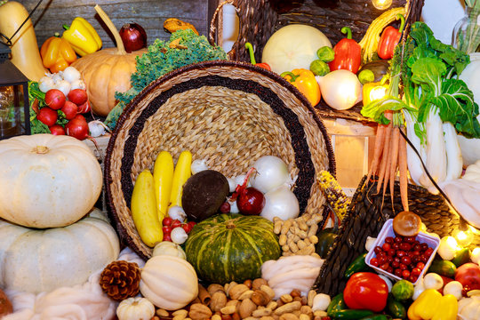 Autumn harvest with seasonal fruits and vegetables organic background Thanksgiving day concept