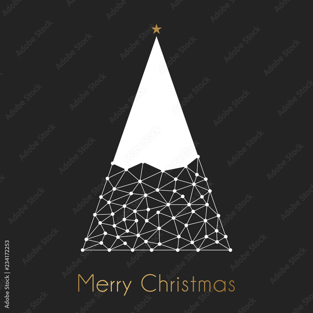 Poster geometric polygon style christmas tree with white connection lines and merry christmas text in gold 