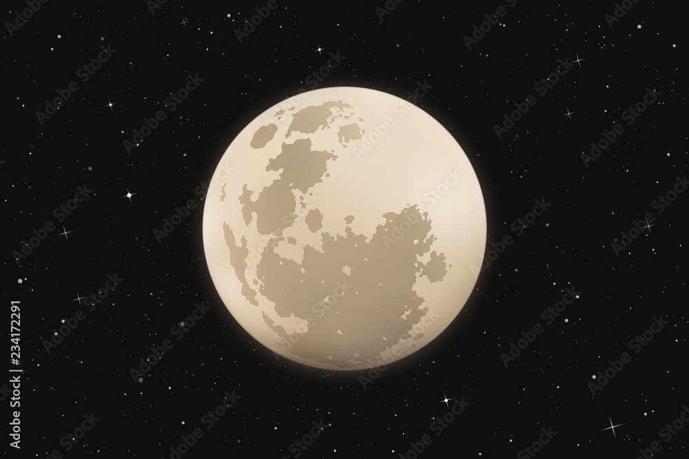 Poster vector illustration with full moon in night starry sky. space background with earth satellite. white