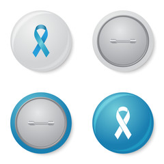 Blue ribbon brooch or pin in white and blue colors and back and front view. 3d style prostate cancer awareness badge vector isolated on white.
