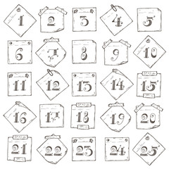 Christmas advent calendar. Sticky notes with numbers. Hand drawn doodle paper sheets Vector set. Collection of memos blank. Days in December