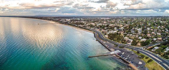 Wide aerial panorama of Frankston foreshore in Melbourne, Australia