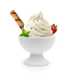 Soft vanilla ice cream in bowl isolated on white background