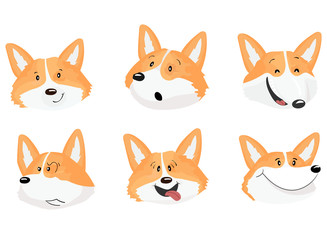 Set of six emotional faces of corgi dog.