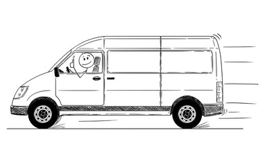 Cartoon stick drawing conceptual illustration of driver of fast driving generic delivery van showing thumbs up gesture. © Zdenek Sasek