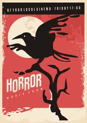 Fototapeta premium Horror movies retro poster design with black raven on red background. Vintage flyer with crow bird.