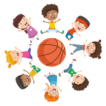 Vector Illustration Of Kids Playing Around A Ball