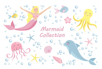 Cute set mermaid and dolphin, octopus, fish, jellyfish. underwater world collection