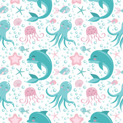 Cute seamless pattern with sea animals. Octopus, dolphin, jellyfish, shell, fish starfish Undersea world