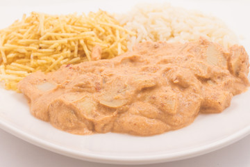 Palm Heart stroganoff with rice and potato sticks. Vegal Meal