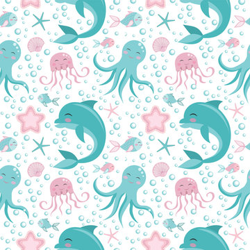 Cute seamless pattern with sea animals. Octopus, dolphin, jellyfish, shell, fish starfish Undersea world