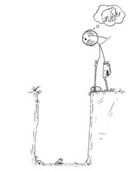 Fototapeta premium Cartoon stick drawing conceptual illustration of prehistoric man or caveman who catch small frog in pitfall instead of mammoth. Concept of hard livelihood and hunger.