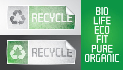 Two vector sticker with recycle theme. Recycle logos, grunge effect, gradients, additional text. All elements are editable, grunge effect made with opacity mask.