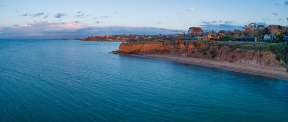 Wide panorama of Daveys Bay at sunset. Mornington Peninsula, Australia