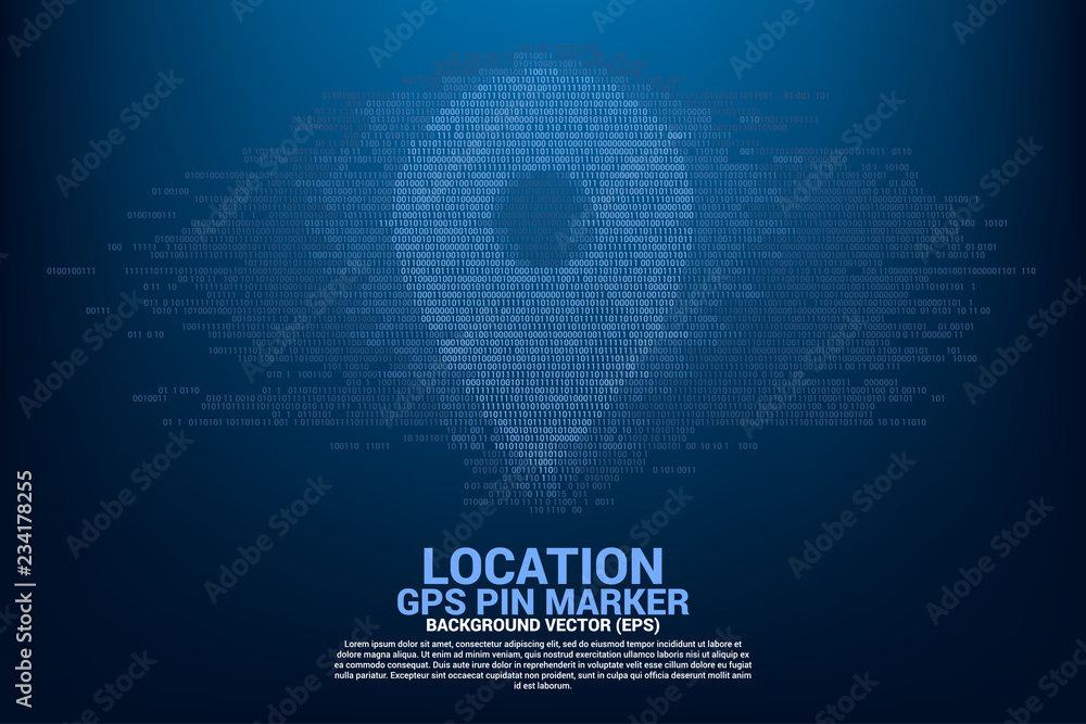 Leinwandbilder Vector location GPS pin marker with one and zero binary code digit matrix style.