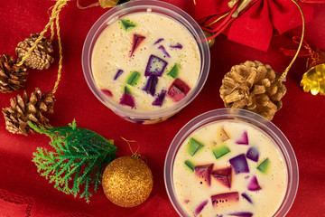 Christmas jelly, sweet very famous in Brazil. Brazilian Christmas colorful candy on the table on the red table cloth.