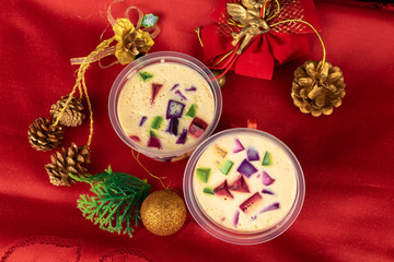 Christmas jelly, sweet very famous in Brazil. Brazilian Christmas colorful candy on the table on the red table cloth.