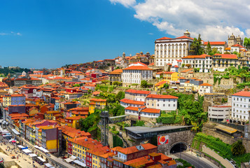 Porto, Portugal beautiful view of old town Oporto from Dom Luis bridge on the Douro Rive - obrazy, fototapety, plakaty