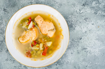 Fish soup with vegetables and salmon in white plate on gray background