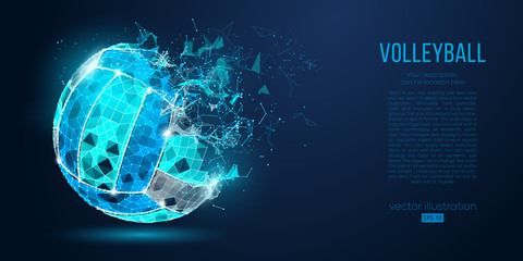 Abstract silhouette of a volleyball ball from particles, lines and triangles on blue background. Neon light. Elements on a separate layers color can be changed in one click. Vector illustration