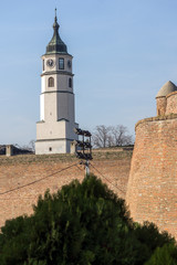Fototapeta premium Clock Tower (Sahat Tower) at Belgrade Fortress and Kalemegdan Park in the center of city of Belgrade, Serbia