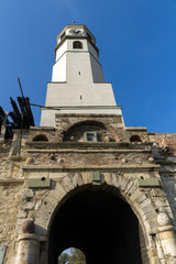 Fototapeta na wymiar Clock Tower (Sahat Tower) at Belgrade Fortress and Kalemegdan Park in the center of city of Belgrade, Serbia