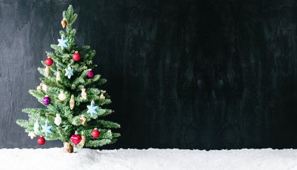 Colorful Decorated Tree, Copy Space For Advertisement, Snow
