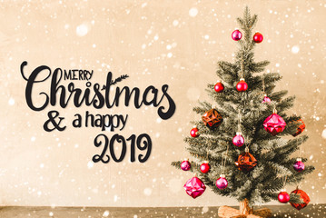 Tree With Purple Balls, Calligraphy Merry Christmas And A Happy 2019, Snowflakes