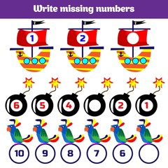 Write the missing number. Mathematics educational game for children. Complete the row, write missing numbers