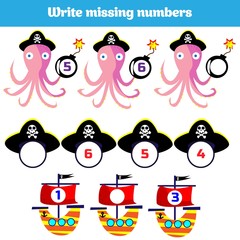 Write the missing number. Mathematics educational game for children. Complete the row, write missing numbers