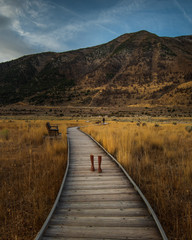 Obraz premium Rubber boots on wooden walkway 