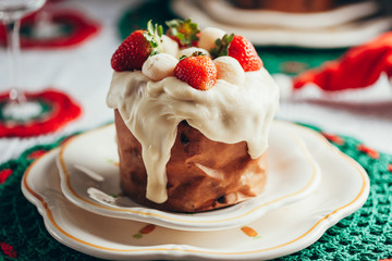 Christmas cake panettone and Christmas decorations.