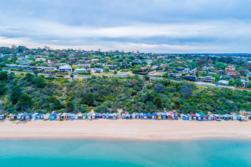 Aerial view of picturesque beach huts on Mills Beach in Mornington, Victoria, Australia
