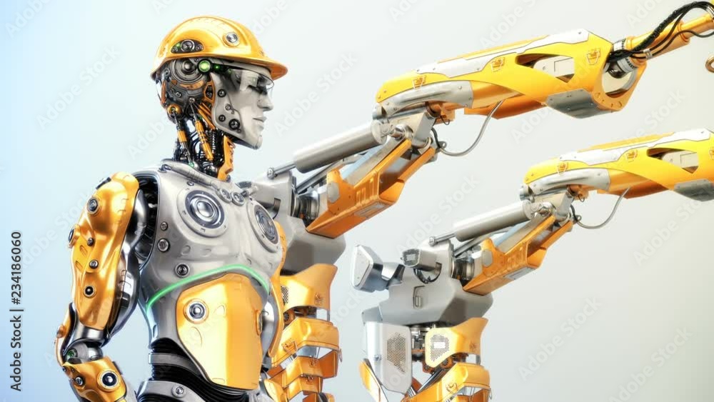 Poster engineer robot in yellow hardhat testing the abb building robot, 3d rendering