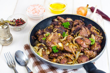 Frying pan with fried chicken giblets. Studio Photo