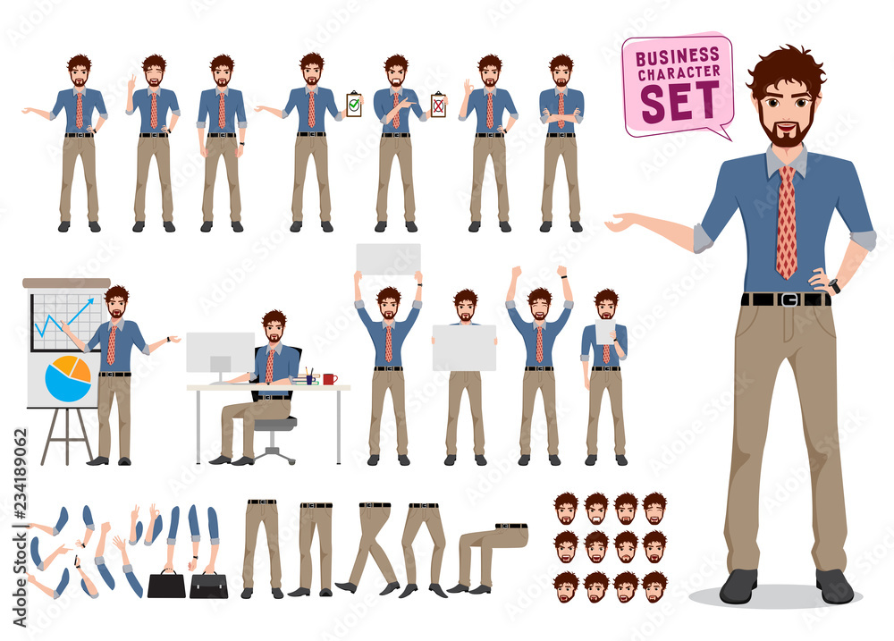 Poster male business character creation vector set. office man cartoon character standing and talking with 