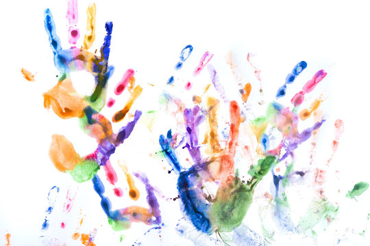 A lot of multicolored hand prints on white