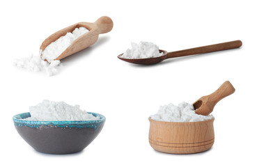 Set with corn starch on white background