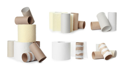 Set with paper toilet rolls and empty tubes on white background
